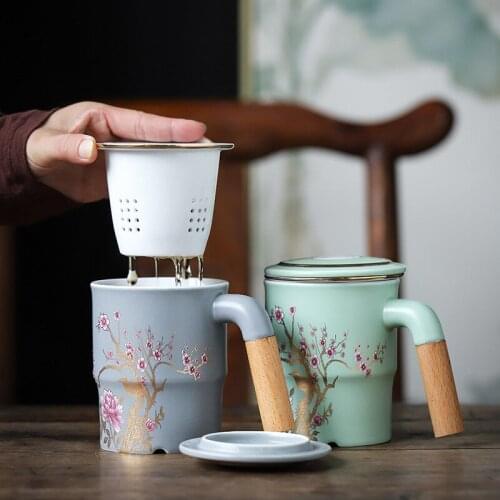 Porcelain Painting Mug with Cover Filter Large Green Tea Cup Office Tea Separation Cup Tea Cup