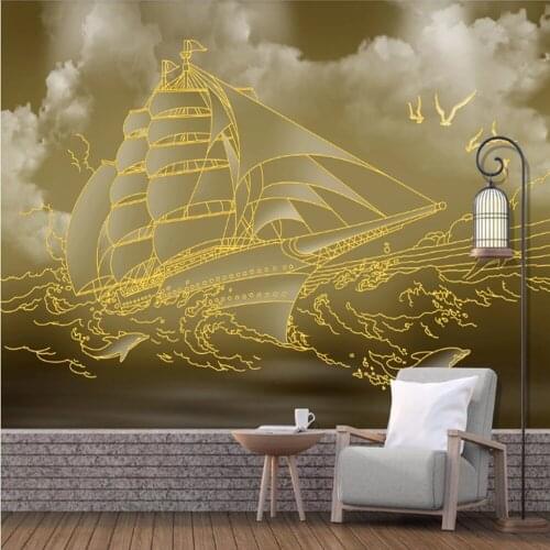 Milofei manufacturers custom golden sea sailing boat smooth sailing living room bedroom background wallpaper mural