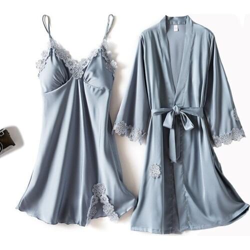 2PCS Silky Satin Bathrobe Gown Sets Sexy Womens Lace Sleepwear Sleep Suit With Chest Pads Nightgown Nighty Robe Summer Home Wear