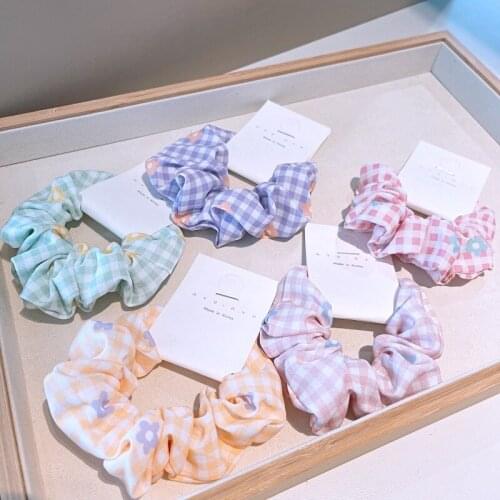 Korean version of the plaid small flower large intestine ring fat intestine ring ins wind retro French chiffon tie head rope