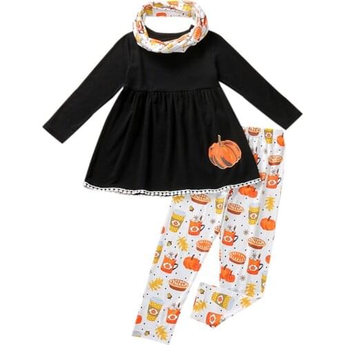 Girls Halloween Three-piece Clothes Set Black Round Collar Pullover, Pumpkin Printed Pattern Pants and Neckerchief