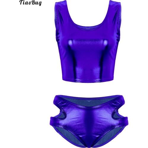 TiaoBug Summer Women 2Pcs Swimwear Dancewear Shiny Metallic Scoop Neck Tank Crop Top With Hollow Out Low Rise Mini Briefs Sets
