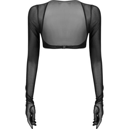 Women Summer Breathable See-Through Mesh Gloves Tops Sun Protection Half Tank Top Long Sleeve Under Shirt Sexy Middle East Cloth