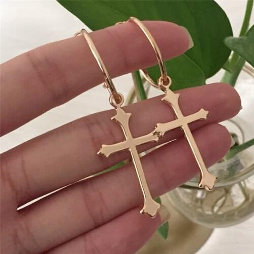 Trendy Gold Color Cross Charm Hoop Earrings For Women Girl for Thanksgiving Gift Xmas Wearing