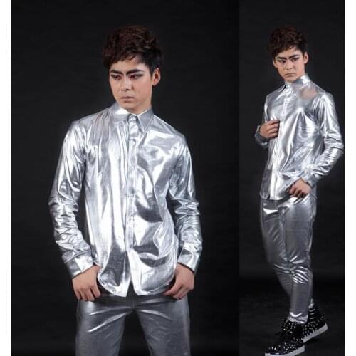 Singing performances gold Silver mens shirts casual shirt men slim fit shirt sleeve dress shirt Antifouling and water repellent