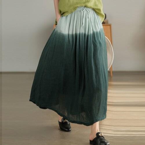 NINI WONDERLAND 2021 Summer Linen Tie Dye Gradient Color Skirt Women Elastic Waist A-line Vintage Midi Skirts Loose Casual Skirt