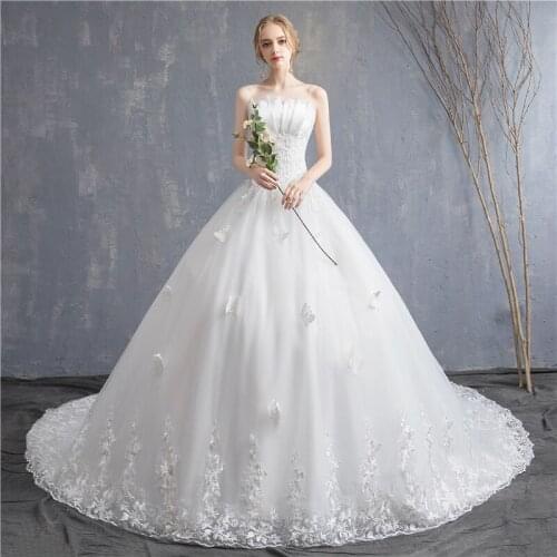 2019 New Korean Style Strapless Sleeveless Wedding Dress Romantic White Lace Flower Tulle Long Luxury Vintage Wedding Dress