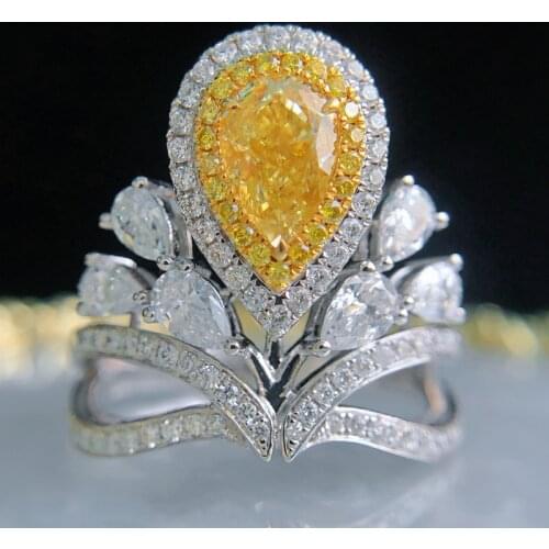 New Luxury Crown Rings With Water Drop Yellow Crystal Zircon High Grade Jewelry For Women Wedding Party Exquisite Accessories