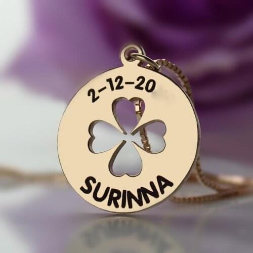 Rose Golden Disc Engrave Clover Pendant Necklace 1' Round Solid Silver Stamp Name Date Customized Necklace