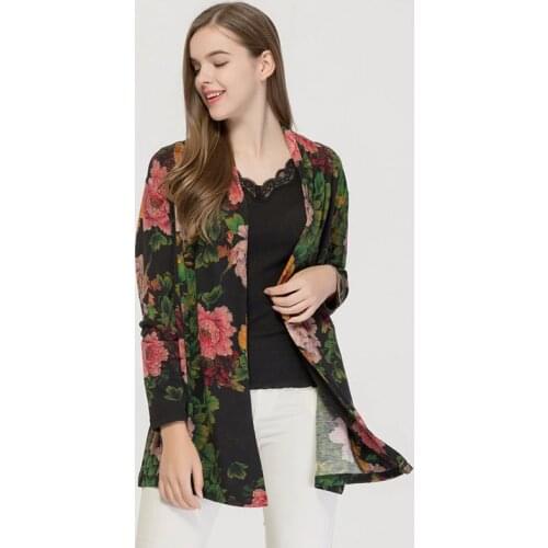 100% wool knitwear coat womens new digital print mid long loose cardigan sweater 9080