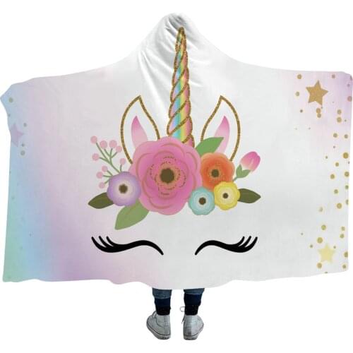 Champagne Flower Unicorn Spot Pattern 3D Printed Plush Hooded Blanket for Adults Kid Warm Wearable Fleece Throw Blankets