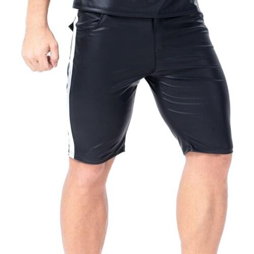 Sexy Men Stripe Wild PU Faux Leather Panties Hot Shorts Boxer Wetlook Clubwear Jockstrap Stage Gay Wear Plus Size Sexy WearF42