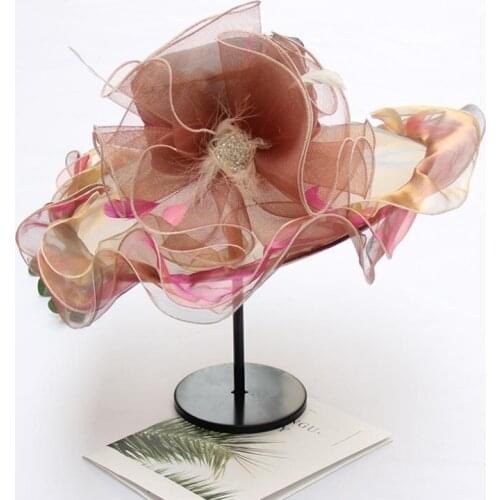 Spring Summer Novelty Blooming Color Big Floral Organza Yarn Women Sun Hat Party Flower Mesh Cap For Ladies Girls