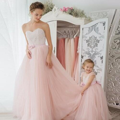Strapless Pearls A-Line Tulle Formal Party Dresses 2021 New Fashion Mother & Kids Pink Mom and Daughter Zipper Back Floor Length