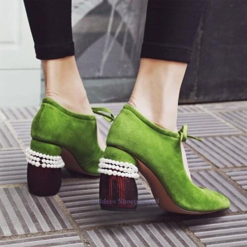 Fashion Green Black Pearl Pointed Toe Lace Up Ankle Straps Abnormal Heeled Pumps With Feminine Party Dress Shoes Pointy Toed