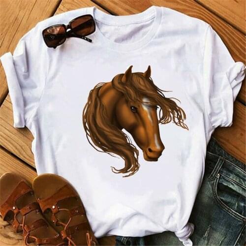 Cartoon Grey Horse Print Women T-shirt Summer Casual Short Sleeves Tops Tees Harajuku Graphic Shirts Funny O Neck T-shirt