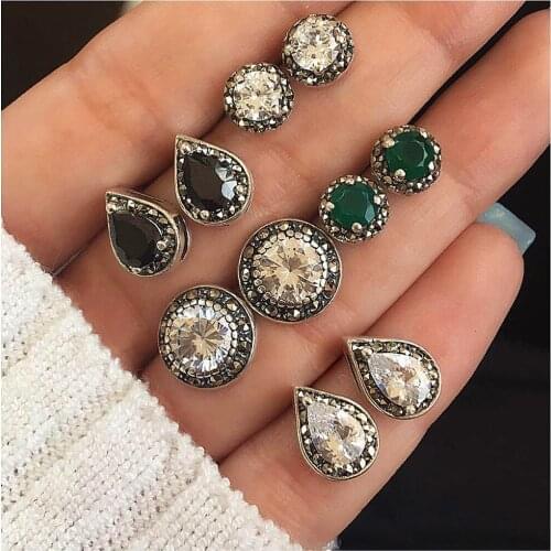 KISSWIFE 5 Pairs/Set Water Drop Green White Crystal Stud Earrings for Women Boho Jewelry Dazzling Cubic Zirconia Earrings
