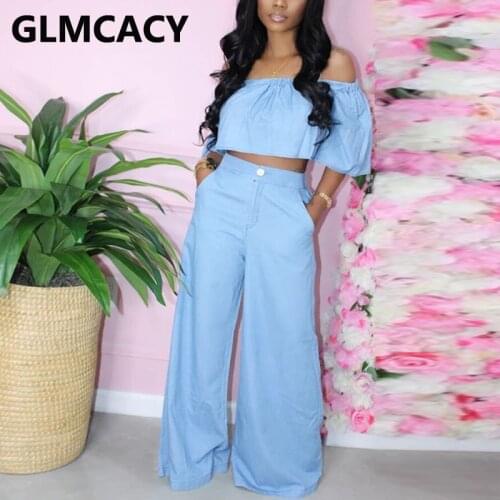 Women Solid Two Piece Streetwear Suits Chic Offfshoulder Crop Top & Wide Leg Loose Pants Set