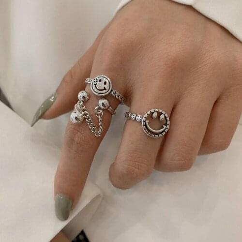 Vintage Hollow Smiley Face Chain Womens Rings Female Fashion Personality Ancient Design Opening Adjustable Ring Gothic Jewelry