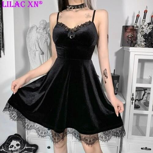 Goth Black Lace Trim Bodycon Mini Dresses for Women Vintage Sexy Bow Moon V Neck Backless Corset Party Dress Women Summer Dress