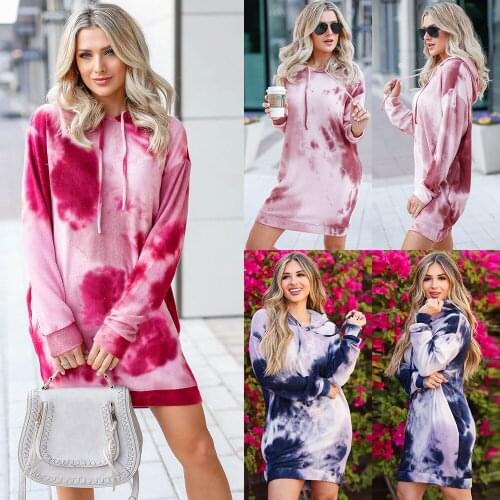 Woman Autumn Tie Dye Print Mini Dresses Robe Femme Pocket Drawstring Y2K Dress For Womens Clothing 2021 Casual Vestido De Mujer
