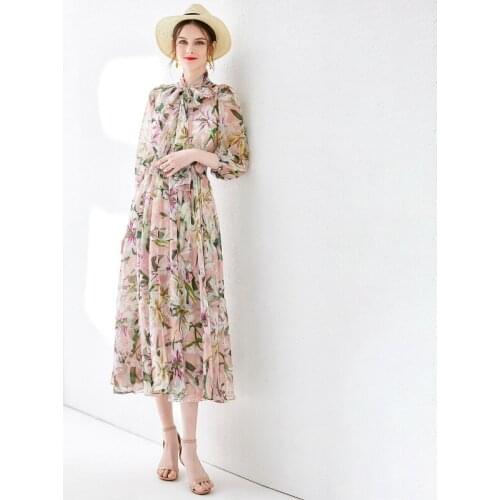 Women Customize Plus Size 3XS-10XL Maxi Dress Ladys Casual Elegant Lily Floral Print A Line Long Chiffon Dresses Black/Pink