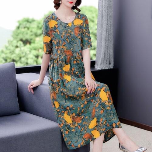 Women Casual Floral Mulberry Silk Loose Midi Dress 2021 Summer Vintage 4XL Plus Size Print Dress Elegant Bodycon Party Vestidos