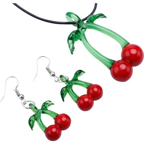 1 Sets/Lot Cherries Lampwork Glass Murano Necklace Earrings Set
