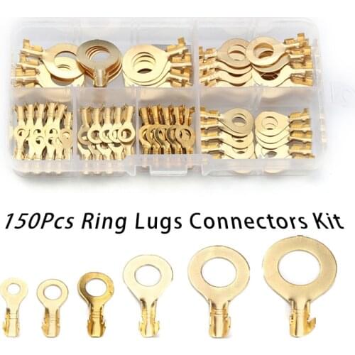 150Pcs/Set Ring Lugs Ring Eyes Copper Crimp Cable Connector Non-insulated M3/M4/M5/M6/M8/M10 Assortment Kit with Plastic Box