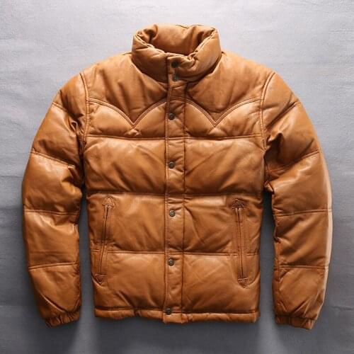 AVIREXFLY Men goat skin zipper warm down leather jacket mans genuine leather down jacket Winter Coats M-4XL