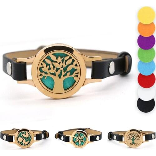 BOFEE Tree Of Life Essential Oil Diffuser Bracelet Magnetic Stainless Steel Aromatherapy Locket Leather Bracelet 25mm Jewelry