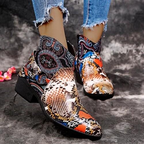 Women Ankle Boots Side Zipper Snakeskin Pattern PU Leather Fashion Autumn Winter Mixed Color Womens Shoes Low Heel Ladies 2021