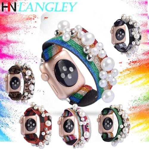 Colored Scrunchy Elastic Women Girls Watch Band for Apple Watch Bands 38mm 40mm 42mm 44mm Scrunchie Patterned Strap Pearl Women