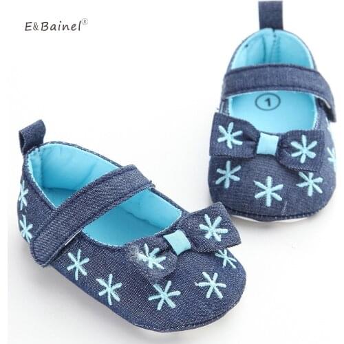 Bow Baby Girl Shoes First Walkers Newborn Toddler Girl Embroidered Soft Sole Blue Jeans Pram Shoes 0-18Month