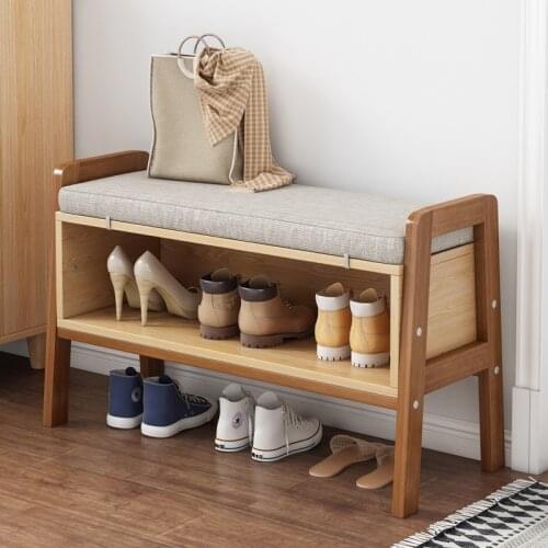 Double Layer Shoerack Porch Entrance Furniture for Home Multi-functional Shoes Organizer with Fabric Seat Solid Wood Shoes Stool