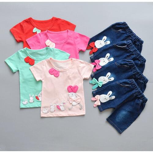 2021 Kids Girls Clothes Set Summer Baby Girls Short Sleeve T-shirt + Jeans Shorts Hot Pants Outfits 2pc Baby Clothing