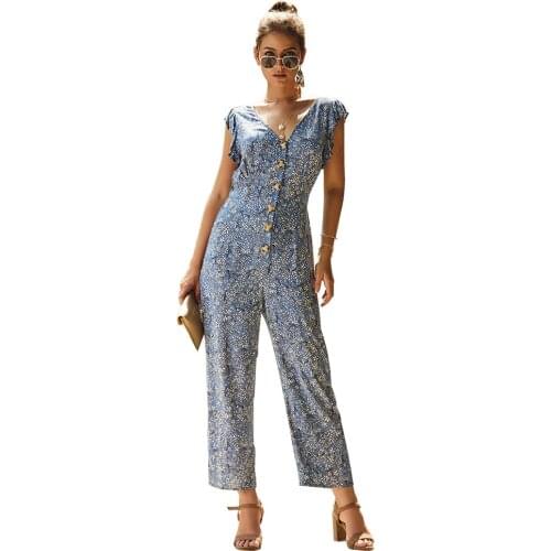 Summer Floral Jumpsuit Casual Straight Ankle-Length Pants Blue Mono Print Jumpsuits