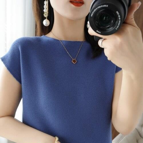 MERRILMAB T-Shirt 2021 New Slash Neck Women Summer Pure Cotton Casual Pullover Female Solid Kintted Short Sleeved Sweater Tops