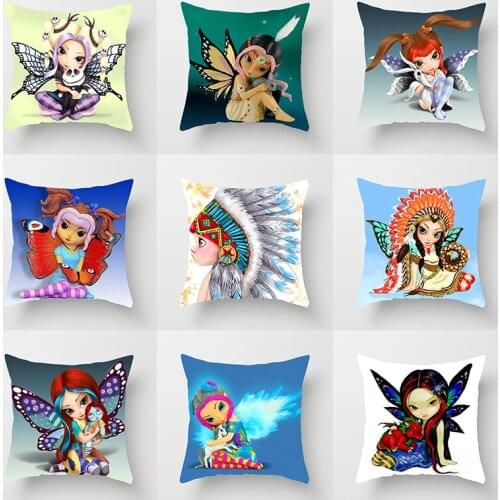 Cartoon Colorful Fairy Tale World Elves Cushion Cover Decor Cute Linen Flower Girl Pillow Case Sofa Home Polyester Pillowcase