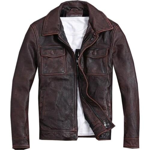 Plus Size 5XL Motorcycle Cowhide Coats For Men Vintage Mens Real Cow Leather Jacket Brown Streetwear Spring Mens Clothing A972