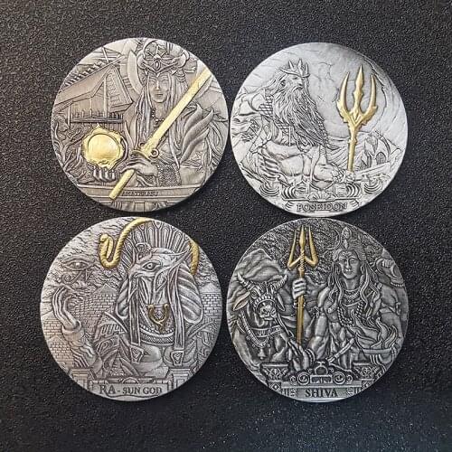 Non Magnetic 4pcs/Lot Eur Poseidon Egypt Jpan Sun God India Shiva 999 Fine Silver Coin Myth Commemorative Silver Plated Coins
