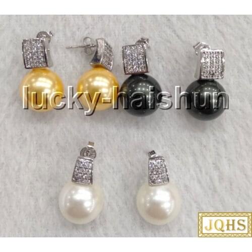 NEW Dangle 12mm round Cream white golden Tahitian black south sea shell pearls Earrings 925sc post c88