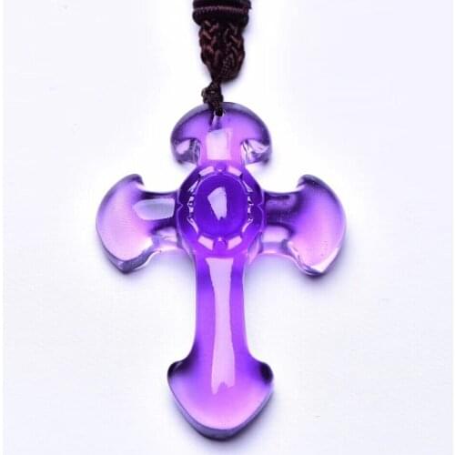 Wholesale Natural Crystal Pendant Purple Hand Carved Cross Fine Carving Mascot Amulet Lucky Cross Pendant Rope Chain Necklace