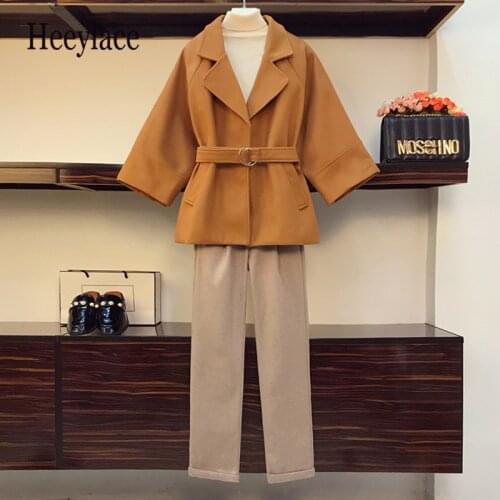 Plus size women winter woolen 3 piece set for women basic turtleneck sweater+warm thick coats and woolen long trousers suits