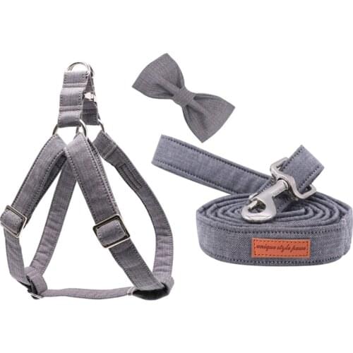 Unique Style Paws Gray Wave Dog Harness with Bowtie Dog Leash Adjustable Buckle Pet Supplies