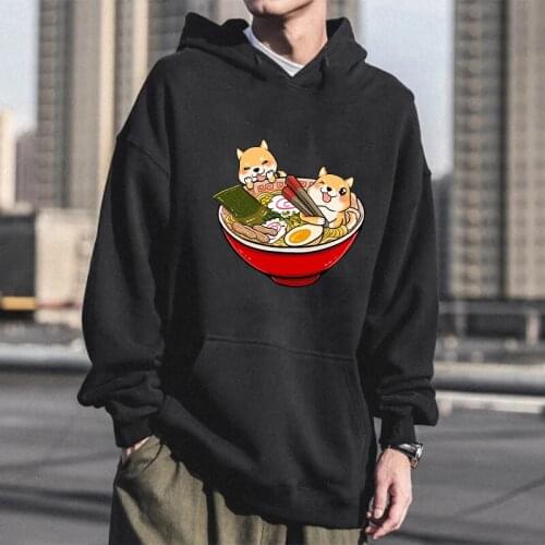 Kawaii Dog Eats Ramen Noodles Anime Hoodies Men Harajuku Winter Fashion Hip Hop Long Sleeve Oversize Itself Hooded Sweatshirt