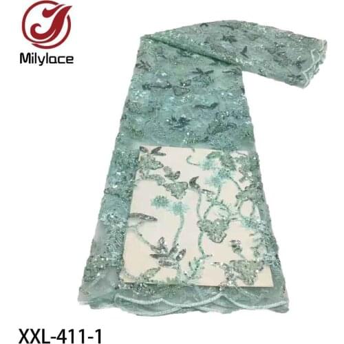 African Tulle Lace Fabric with Beads High Quality French Embroidered Sequins Mesh Net Lace Fabric for Dress XXL-411