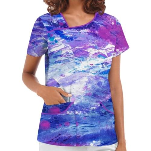 Tie dye Scenery Print Nurse Uniform Women Hospital Working Scrub Tops With Pocket Beauty Salon Workers T-shirts Enfermera A40