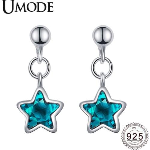 UMODE New 925 Sterling Silver Star Drop Earrings for Women White Gold Blue Zircons Crystal Jewelry Boucle D'oreille ALE0641