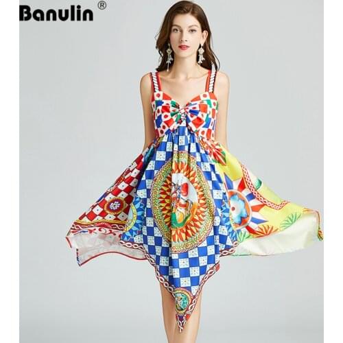 Runway Spaghetti Strap Dress 2021 Summer Vintage Printed Women High Street Party Indie Folk Designer Irregular Dress Robes